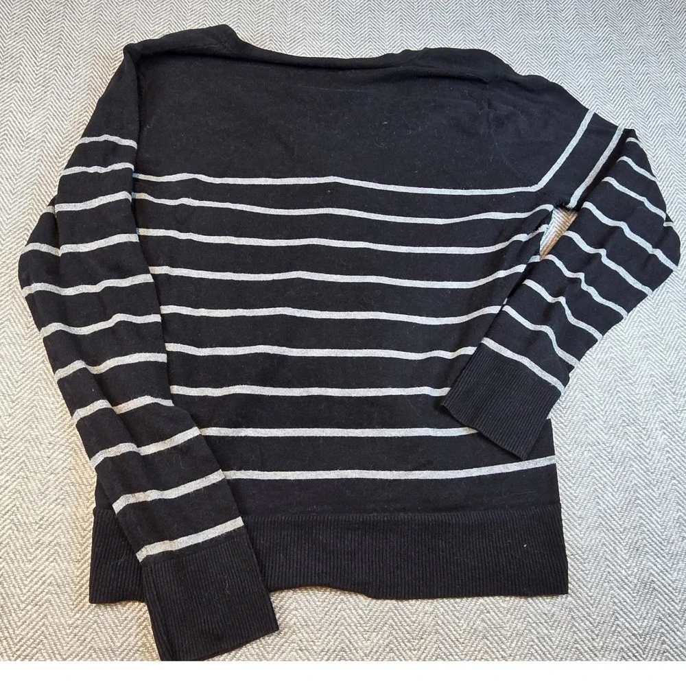 Merona Womens XL Black Gray Striped V-Neck Button Front Cotton Cardigan Sweater